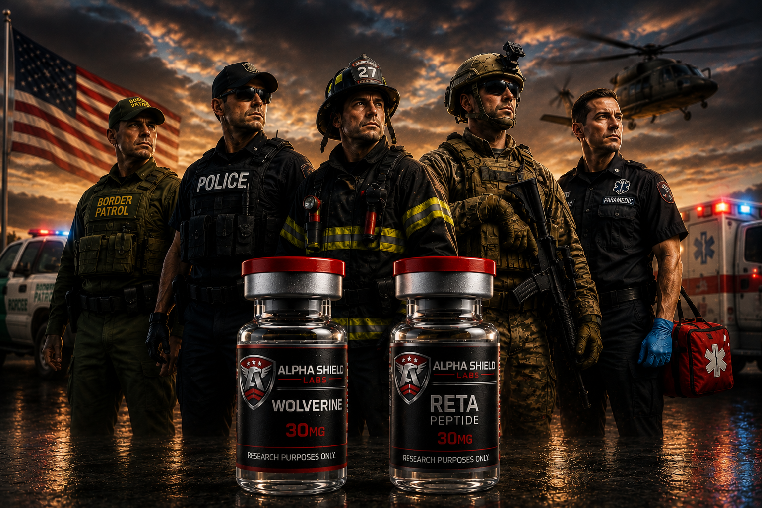Alpha Shield Labs showcase image featuring first responder, military, and product presentation